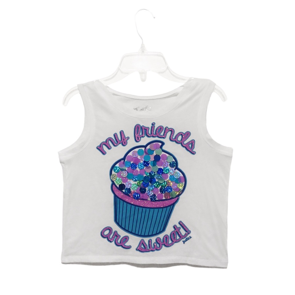 Justice girl's size 12 (womens xxs) white cupcake tank top with colorful sequins